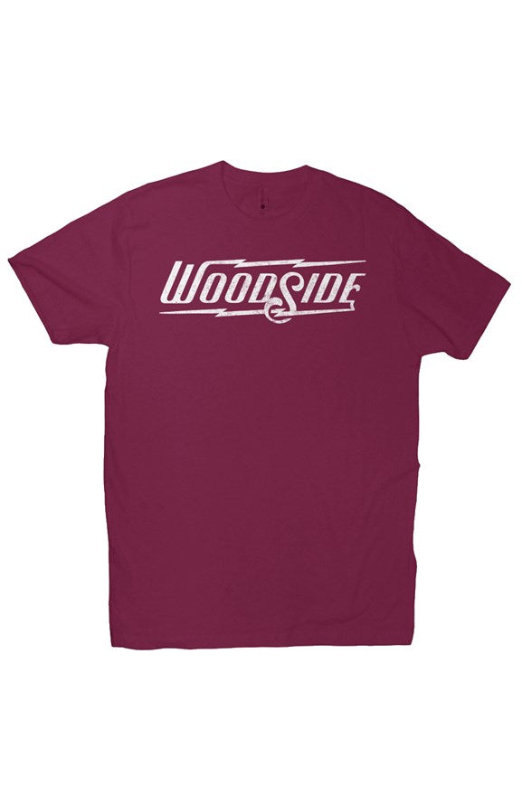 Woodside Brand logo in distressed white on chest of premium short sleeve t-shirt