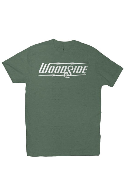 Woodside Brand logo in distressed white on chest of premium short sleeve t-shirt