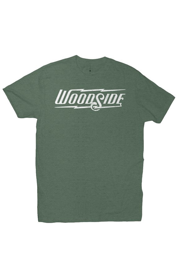 Woodside Brand logo in distressed white on chest of premium short sleeve t-shirt