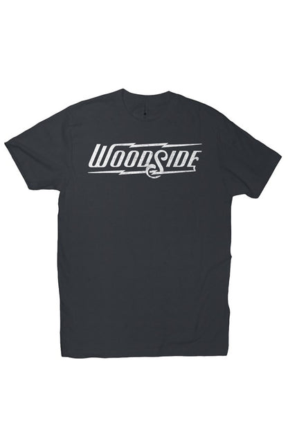 Woodside Brand logo in distressed white on chest of premium short sleeve t-shirt