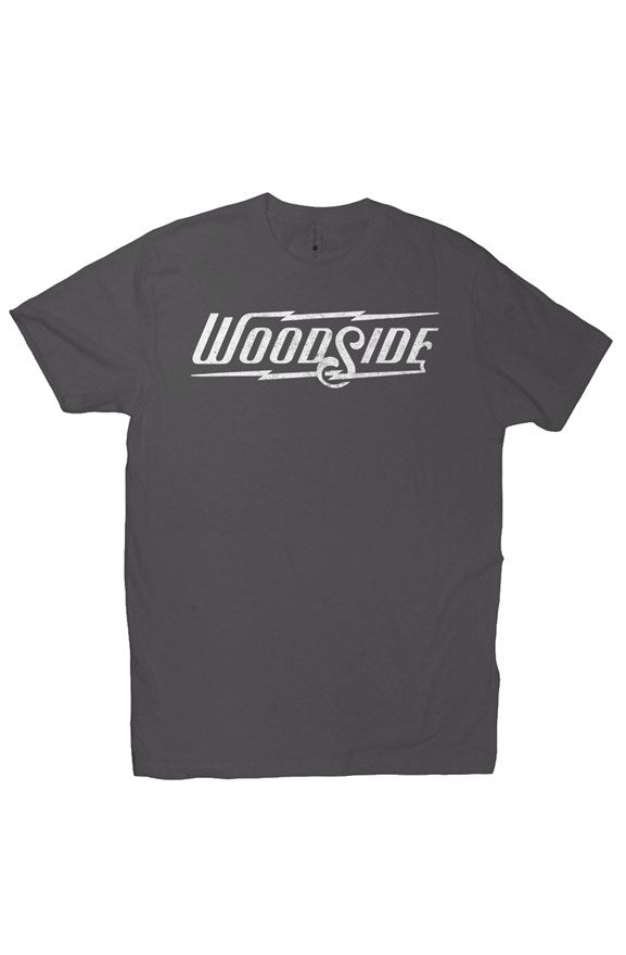 Woodside Brand logo in distressed white on chest of premium short sleeve t-shirt