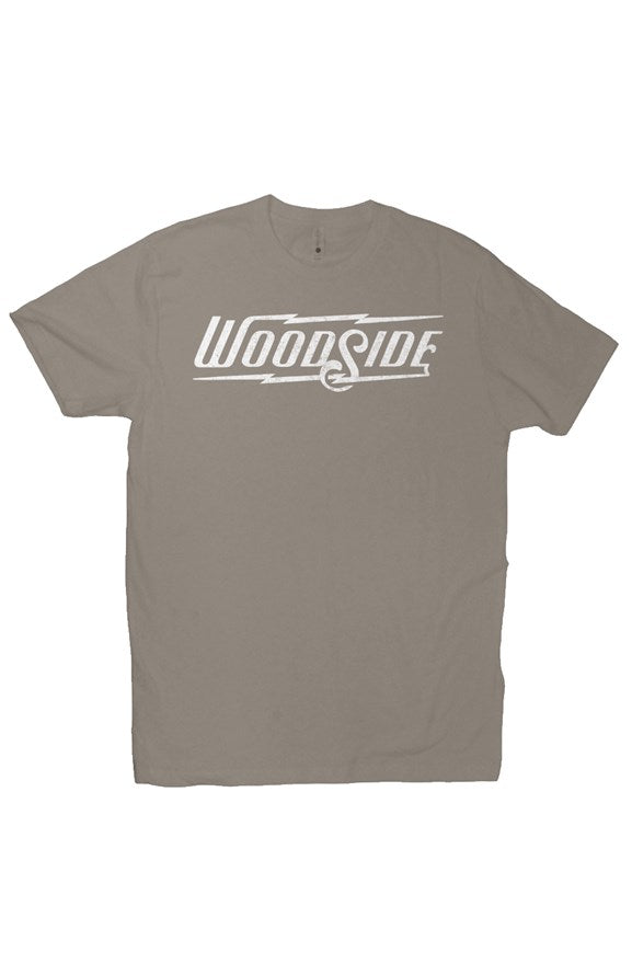 Woodside Brand logo in distressed white on chest of premium short sleeve t-shirt