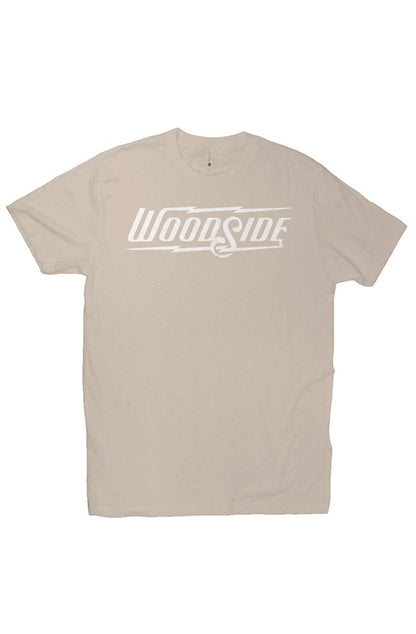 Woodside Brand logo in distressed white on chest of premium short sleeve t-shirt