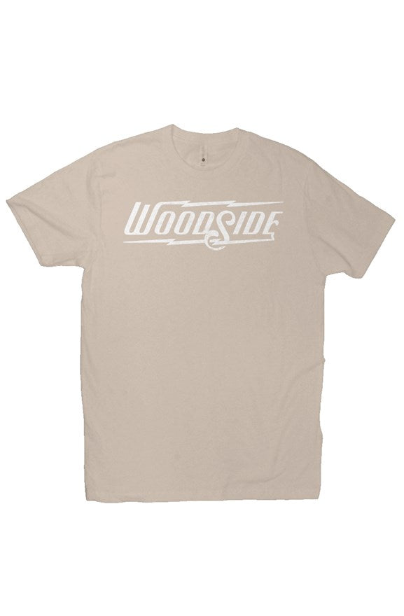 Woodside Brand logo in distressed white on chest of premium short sleeve t-shirt