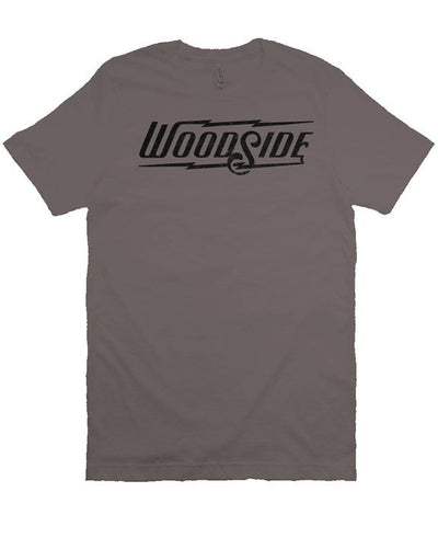 Woodside Brand logo in distressed black on chest of premium short sleeve t-shirt