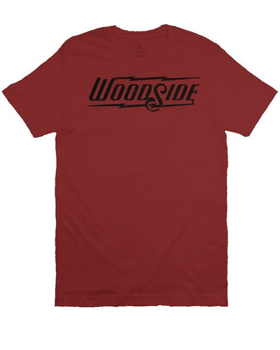 Woodside Brand logo in distressed black on chest of premium short sleeve t-shirt