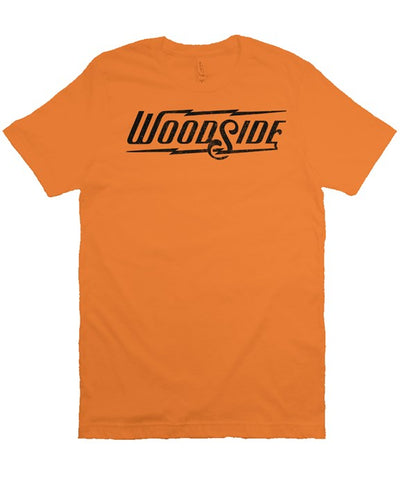 Woodside Brand logo in distressed black on chest of premium short sleeve t-shirt