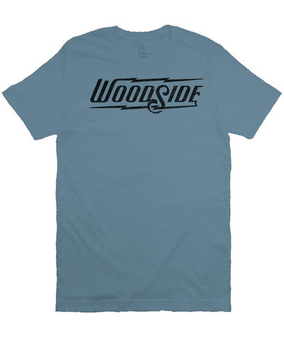 Woodside Brand logo in distressed black on chest of premium short sleeve t-shirt