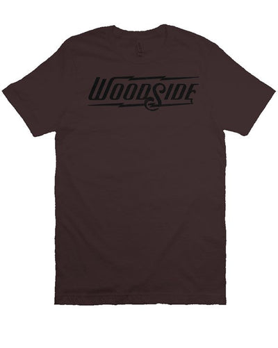 Woodside Brand logo in distressed black on chest of premium short sleeve t-shirt