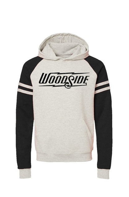 Woodside Brand logo in distressed black on chest of premium Vintage Varsity Raglan Hoodie