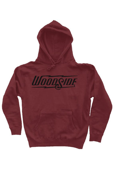 Woodside Brand logo in distressed black on chest of premium hooded sweatshirt