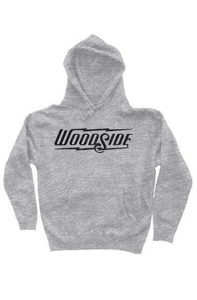 Woodside Brand logo in distressed black on chest of premium hooded sweatshirt