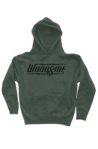 Woodside Brand logo in distressed black on chest of premium hooded sweatshirt