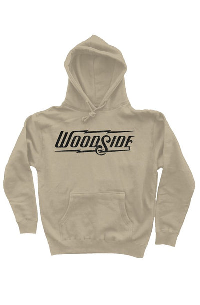 Woodside Brand logo in distressed black on chest of premium hooded sweatshirt