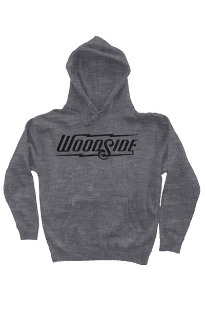 Woodside Brand logo in distressed black on chest of premium hooded sweatshirt