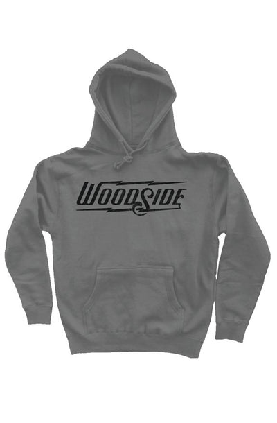 Woodside Brand logo in distressed black on chest of premium hooded sweatshirt