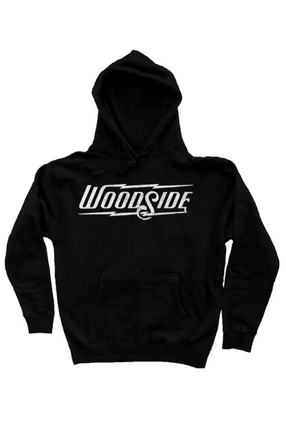 Woodside Brand logo printed in distressed white on chest of premium hooded sweatshirt