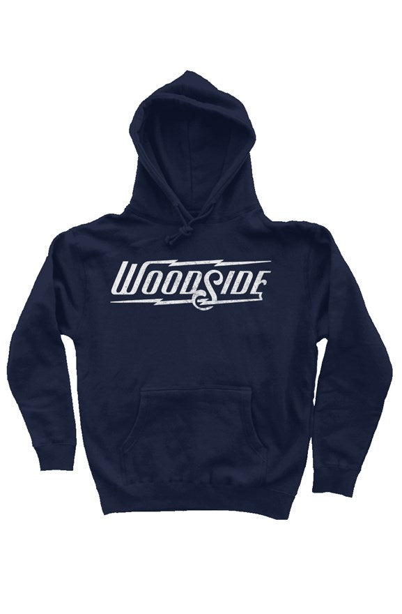 Woodside Brand logo printed in vintage white on chest of premium hooded sweatshirt