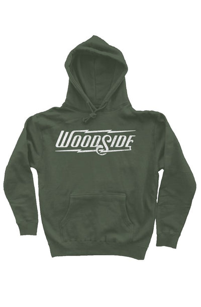 Woodside Brand logo printed in distressed white on chest of premium hooded sweatshirt
