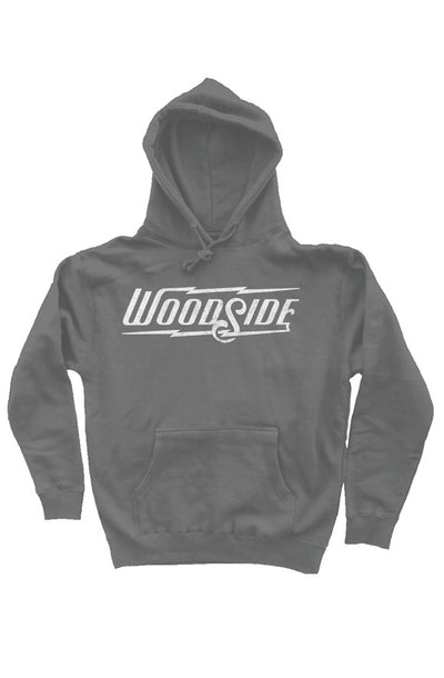 Woodside Brand logo printed in distressed white on chest of premium hooded sweatshirt