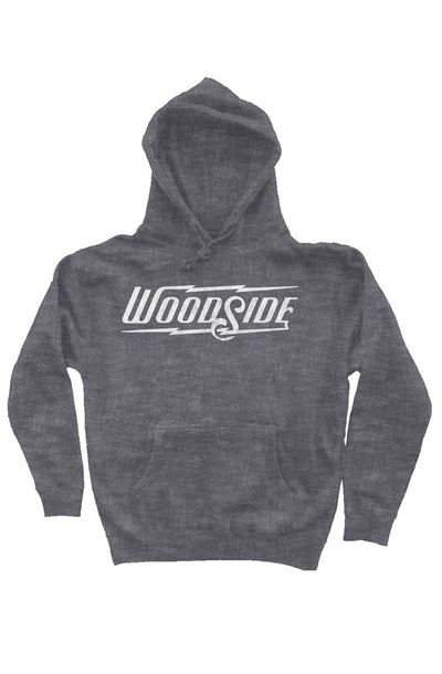Woodside Brand logo printed in distressed white on chest of premium hooded sweatshirt