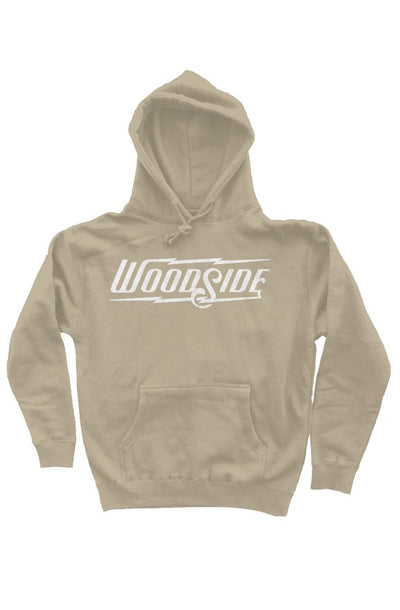Woodside Brand logo printed in distressed white on chest of premium hooded sweatshirt