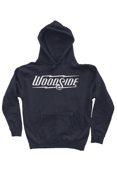 Woodside Brand logo printed in distressed white on chest of premium hooded sweatshirt