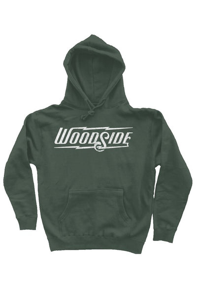 Woodside Brand logo printed in distressed white on chest of premium hooded sweatshirt