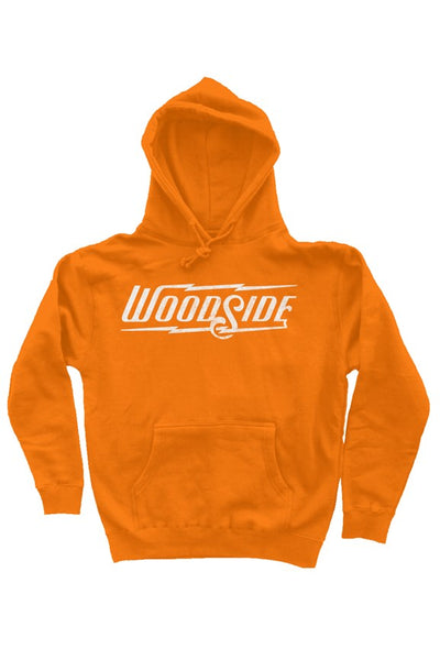 Woodside Brand logo printed in vintage white on chest of premium hooded sweatshirt