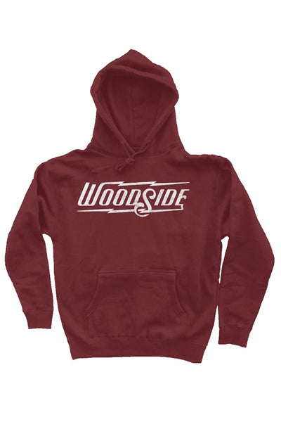 Woodside Brand logo printed in distressed white on chest of premium hooded sweatshirt