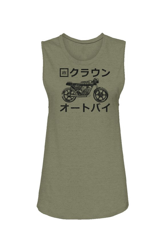 Crown Moto Japan motorcycle design printed in black on chest of Womens Muscle Tank