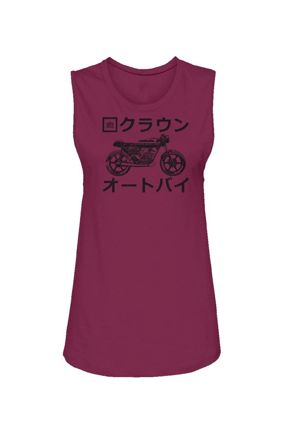 Crown Moto Japan motorcycle design printed in black on chest of Womens Muscle Tank