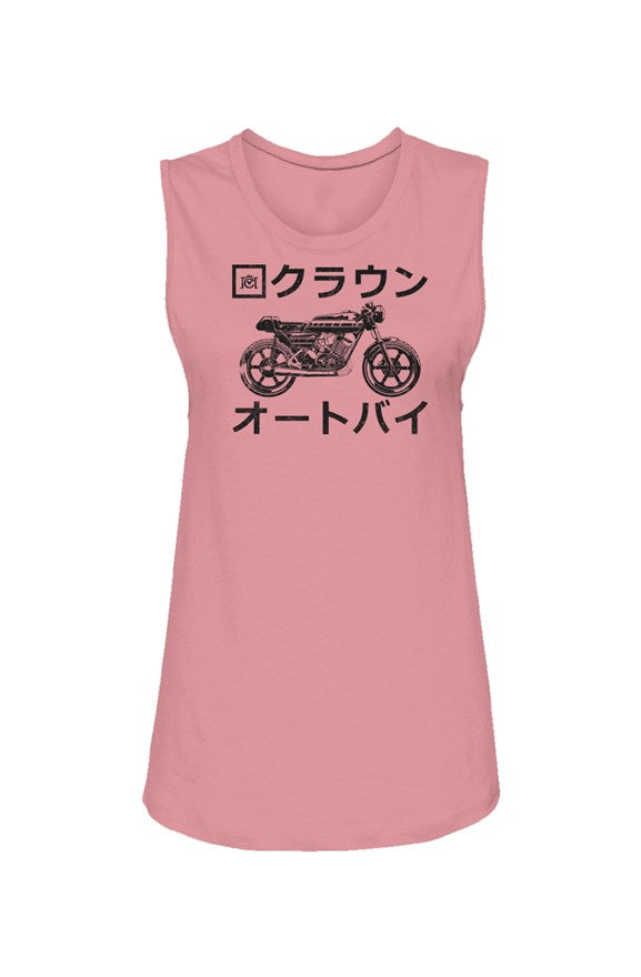 Crown Moto Japan motorcycle design printed in black on chest of Womens Muscle Tank