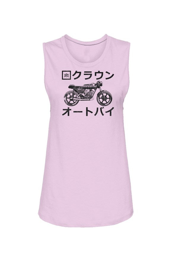 Crown Moto Japan motorcycle design printed in black on chest of Womens Muscle Tank
