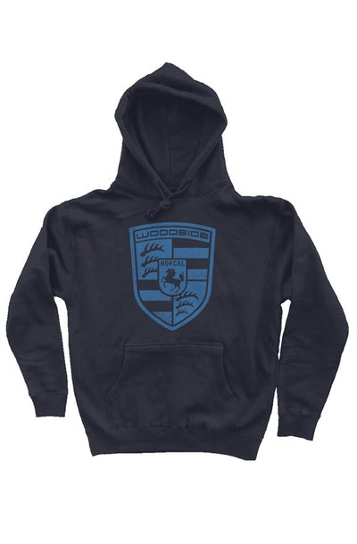 Woodside Porsche NorCal emblem printed on the chest of premium hooded sweatshirt