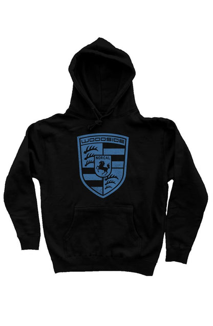 Woodside Porsche NorCal emblem printed on the chest of premium hooded sweatshirt