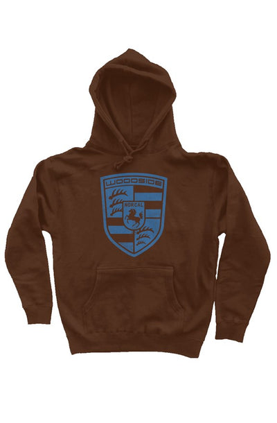 Woodside Porsche NorCal emblem printed on the chest of premium hooded sweatshirt