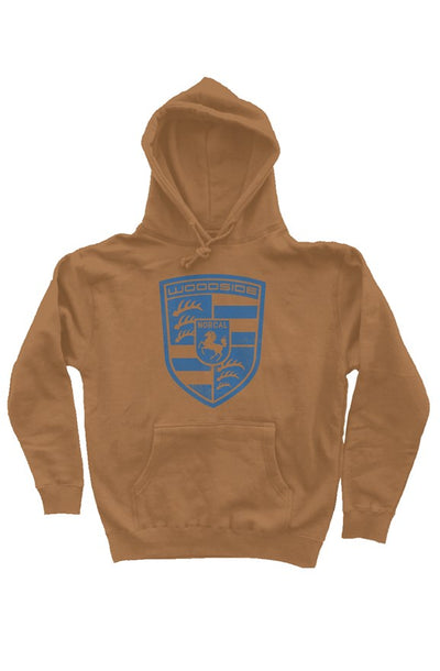 Woodside Porsche NorCal emblem printed on the chest of premium hooded sweatshirt