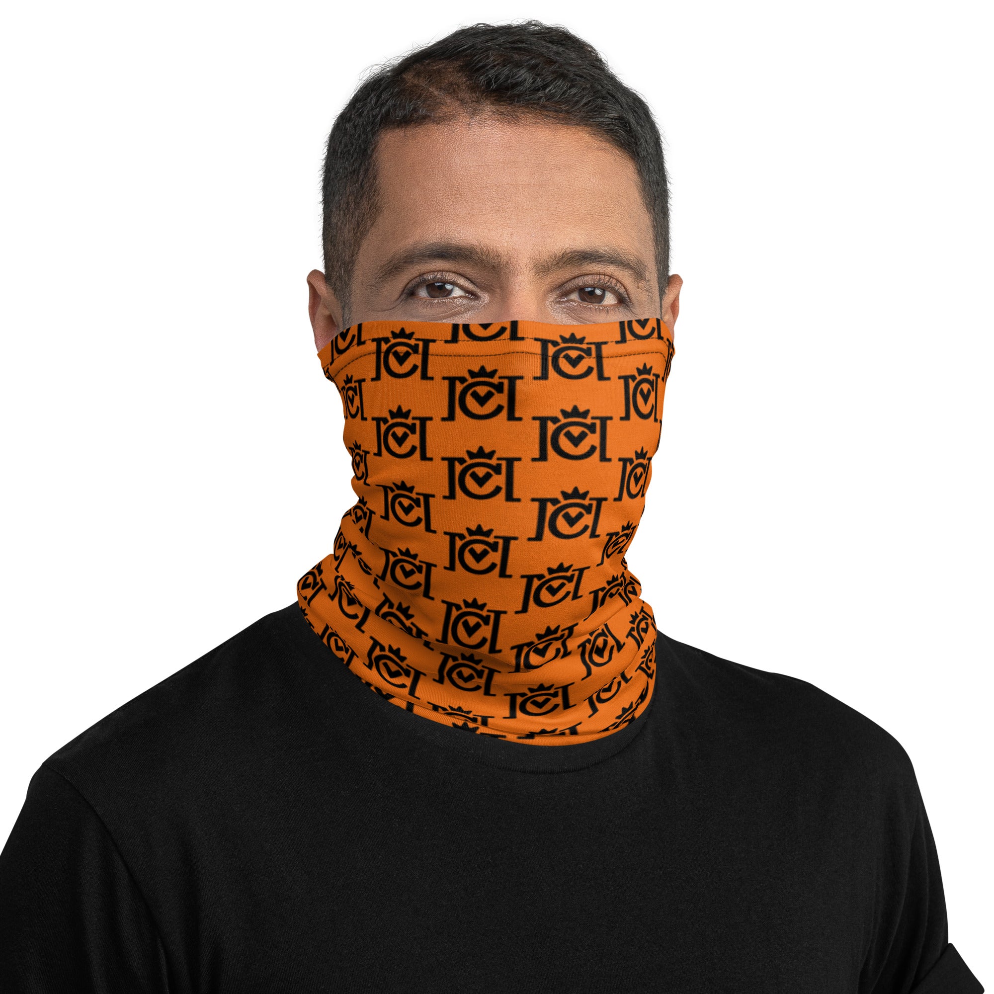 Trademarked Crown Moto logo tiled on premium orange neck gaiter sleeve