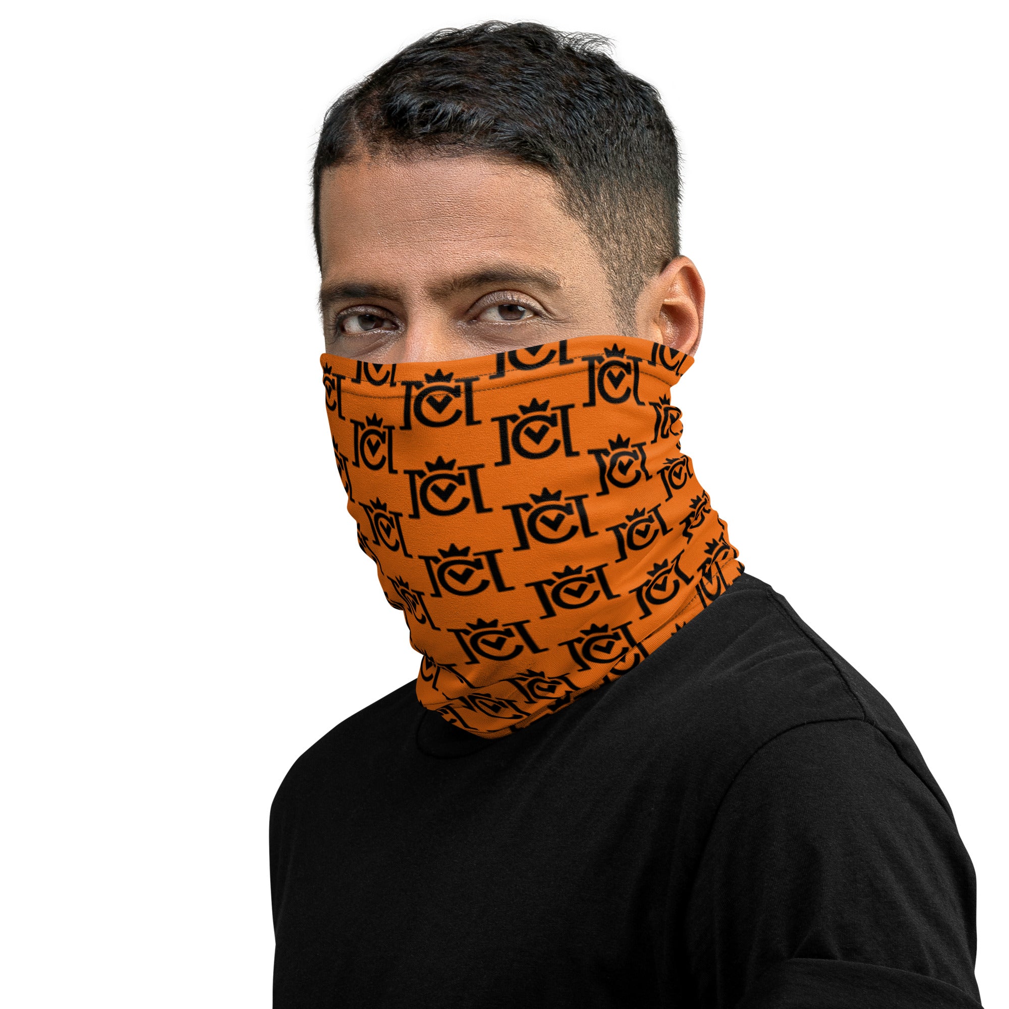 Trademarked Crown Moto logo tiled on premium orange neck gaiter sleeve