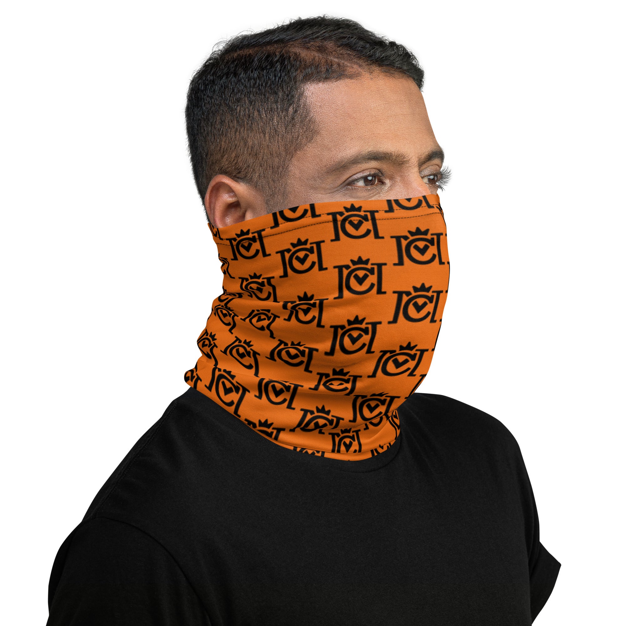 Trademarked Crown Moto logo tiled on premium orange neck gaiter sleeve