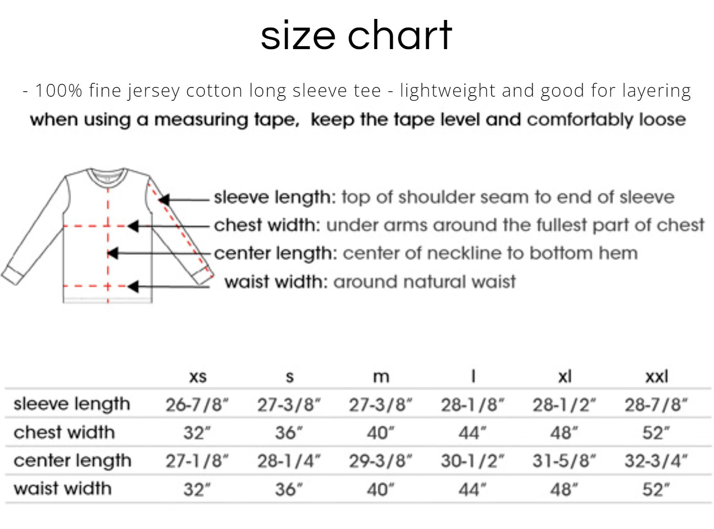 Bella Canvas long sleeve shirt size chart