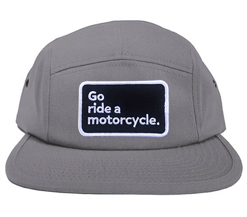 "Go ride a motorcycle" patch sewn on front of low profile adjustable camper hat