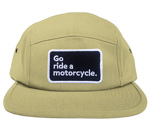 "Go ride a motorcycle" patch sewn on front of low profile adjustable camper hat