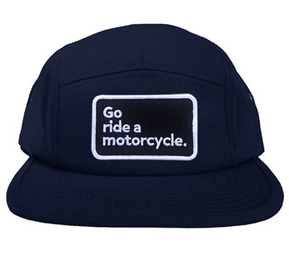 "Go ride a motorcycle" patch sewn on front of low profile adjustable camper hat