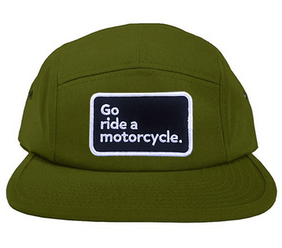 "Go ride a motorcycle" patch sewn on front of low profile adjustable camper hat