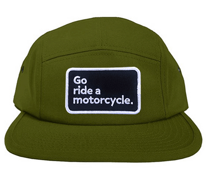 "Go ride a motorcycle" patch sewn on front of low profile adjustable camper hat