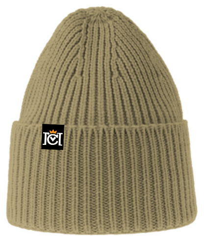 Premium ribbed beanie with Crown Moto logo tag sewn on top edge of cuff