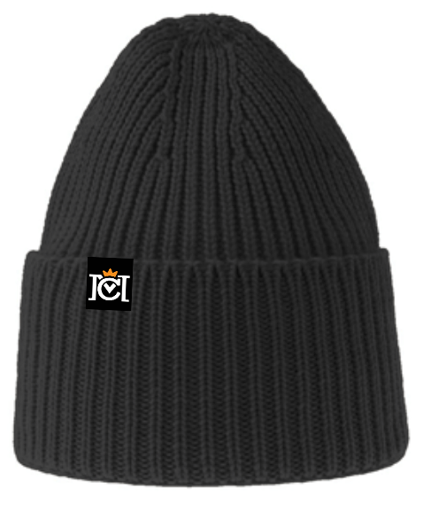 Premium ribbed beanie with Crown Moto logo tag sewn on top edge of cuff