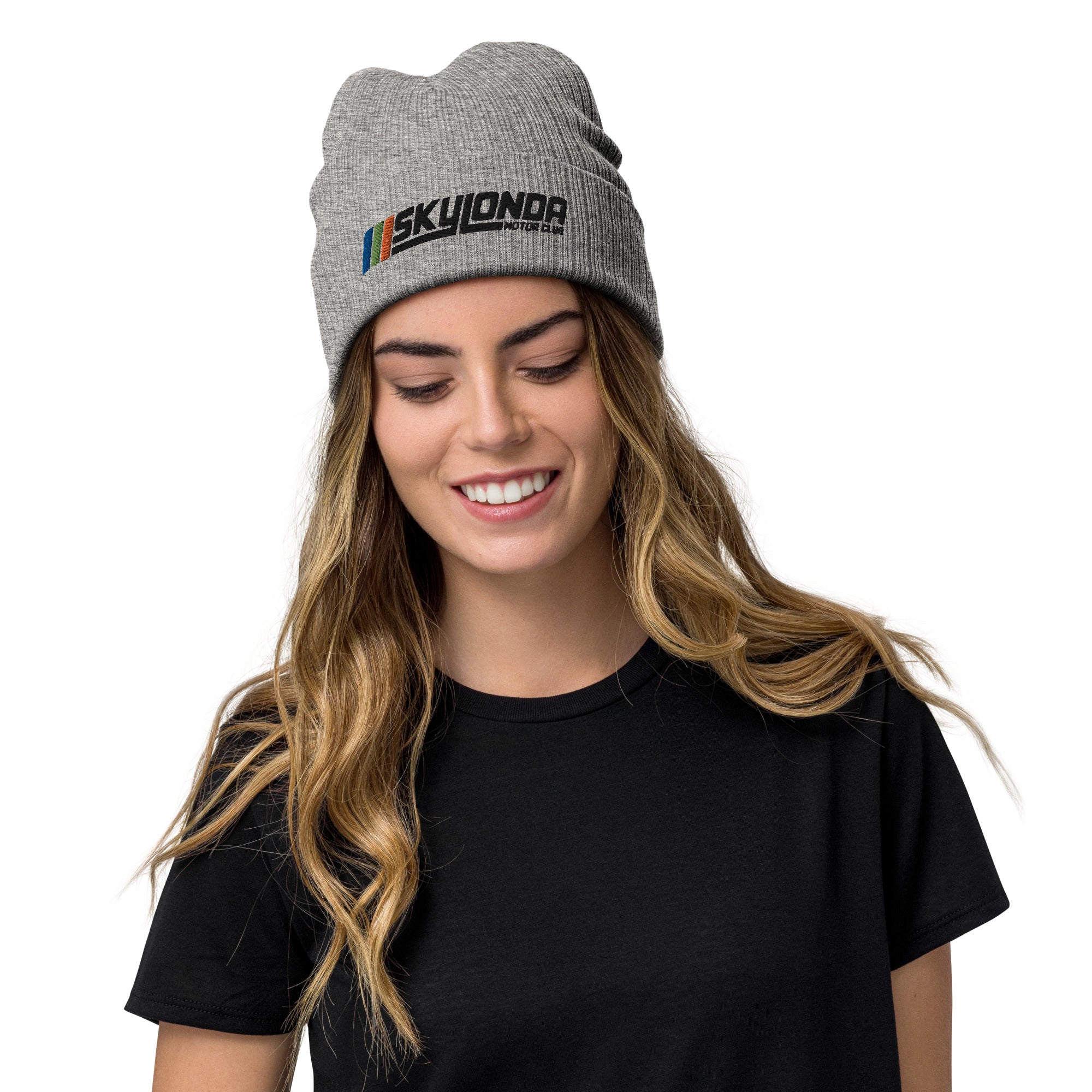 Sky Londa Motor Club Rally Stripes logo embroidered on cuff of premium ribbed beanie